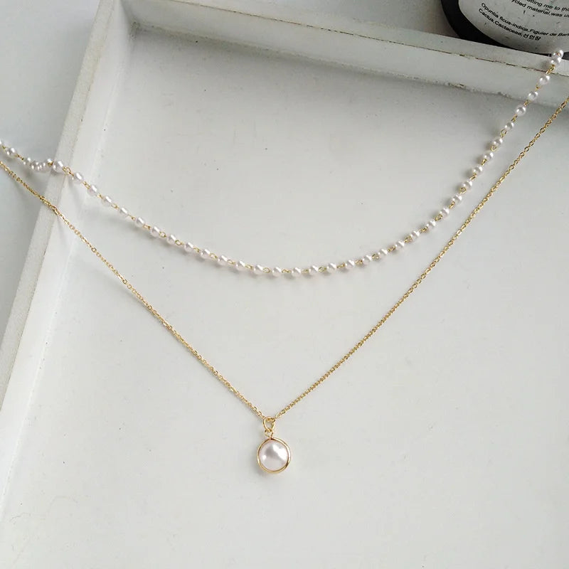 Double-layers Imitation Pearl Necklaces for Women Round Pearl Pendants Necklace Korean Fashion Charm Neck Accessories Collares