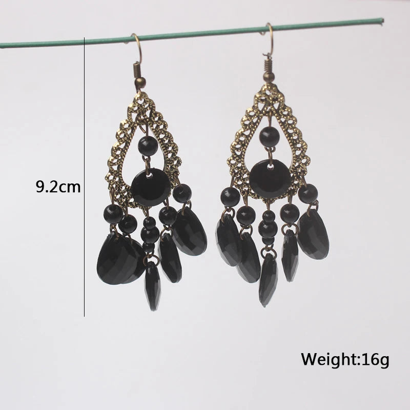 Retro Fashion Tassel Earrings for Women Long Hanging Earrings Vintage Black Water Drop Pendant Earring Bohemian Ear Jewelry