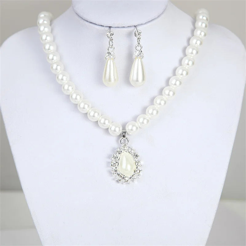 Pearl Jewelry Set for Women Water Drop Dangle Earrings Crystal Pendants Imitation Pearl Beads Necklaces femme brincos e colares