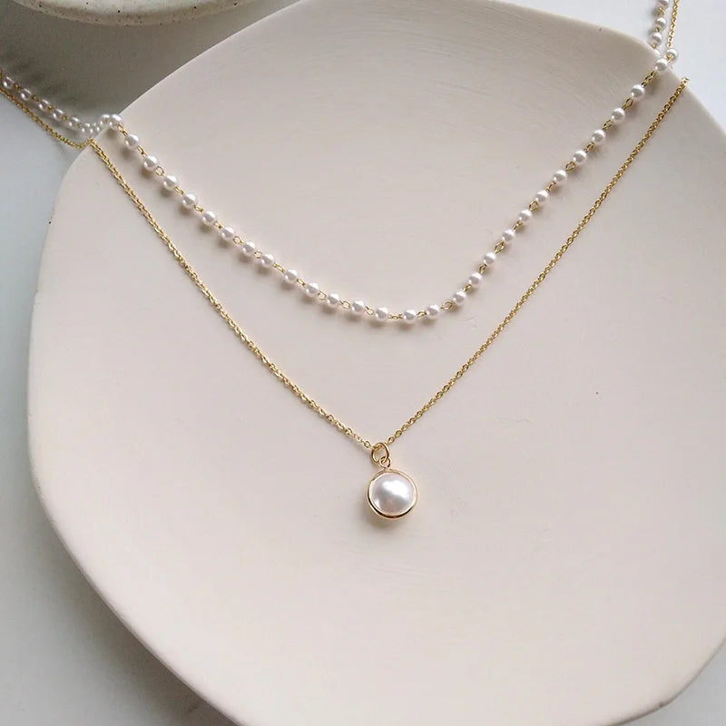 Double-layers Imitation Pearl Necklaces for Women Round Pearl Pendants Necklace Korean Fashion Charm Neck Accessories Collares
