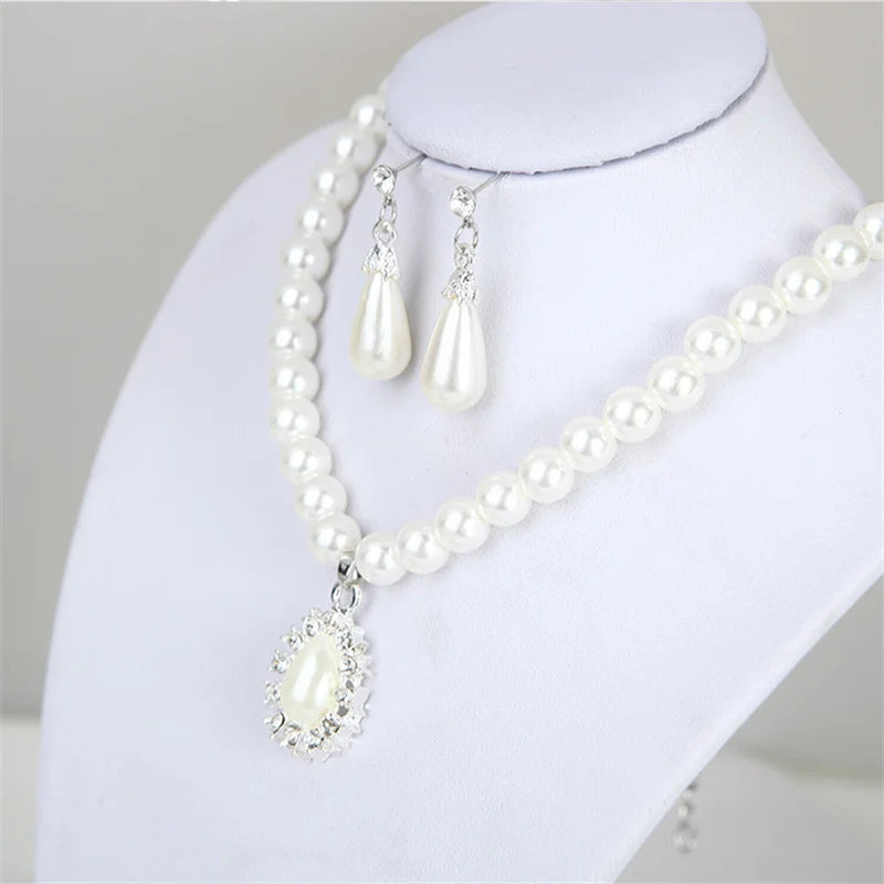Pearl Jewelry Set for Women Water Drop Dangle Earrings Crystal Pendants Imitation Pearl Beads Necklaces femme brincos e colares