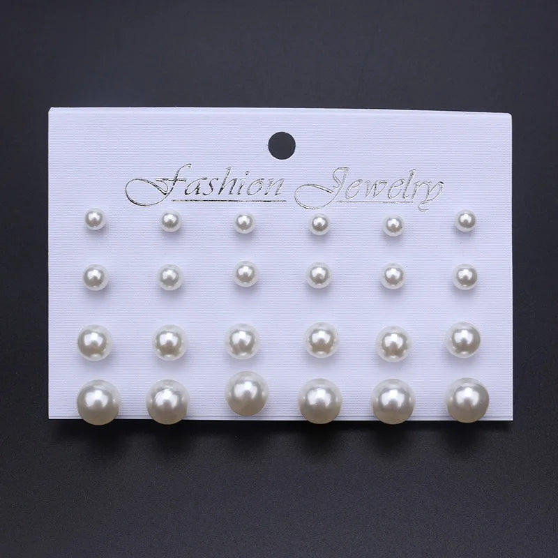 Korean Women Earrings 12 Pair/Set Beige White Pearl Simple Fashion Earrings Wedding Jewelry For Gift Valentine's Day gift