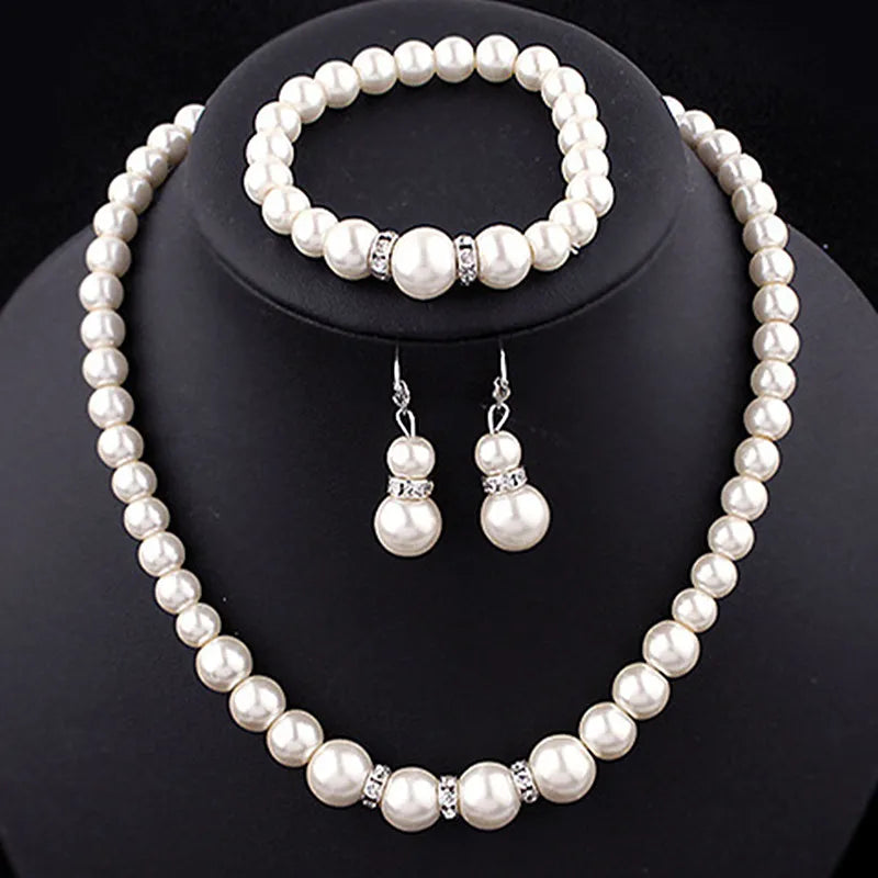 N308 Wedding Engagement Women Simulated Pearls Jewelry Set Necklace / Earrings / Bracelets Fashion Jewelry For Lady Party Gift