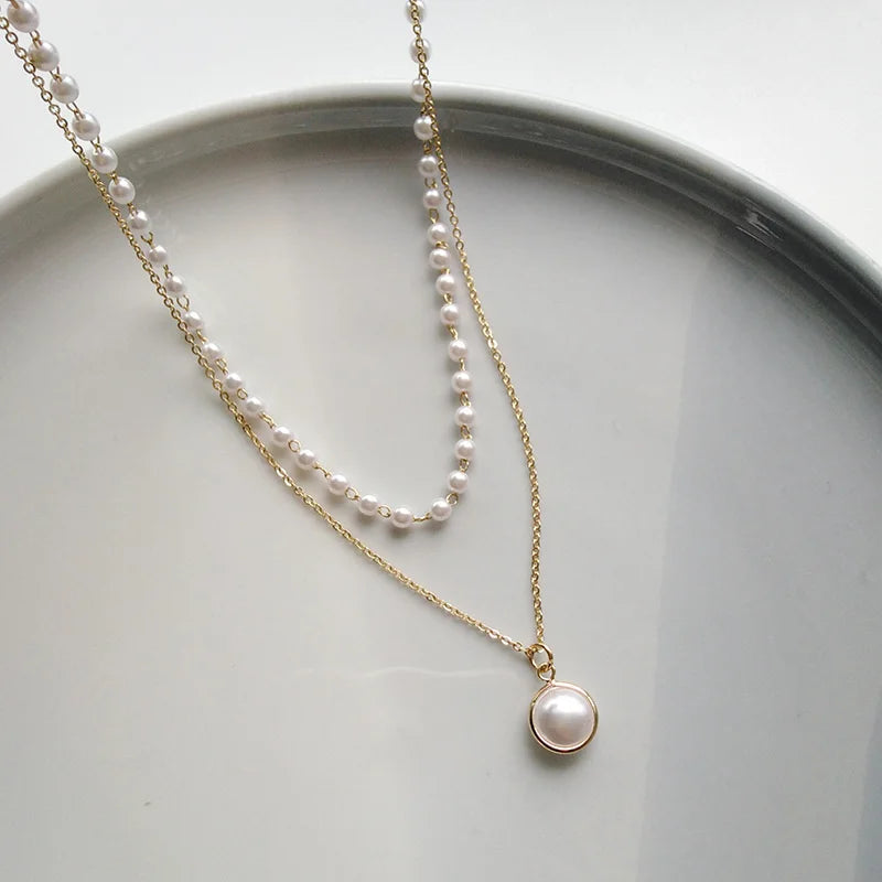 Double-layers Imitation Pearl Necklaces for Women Round Pearl Pendants Necklace Korean Fashion Charm Neck Accessories Collares
