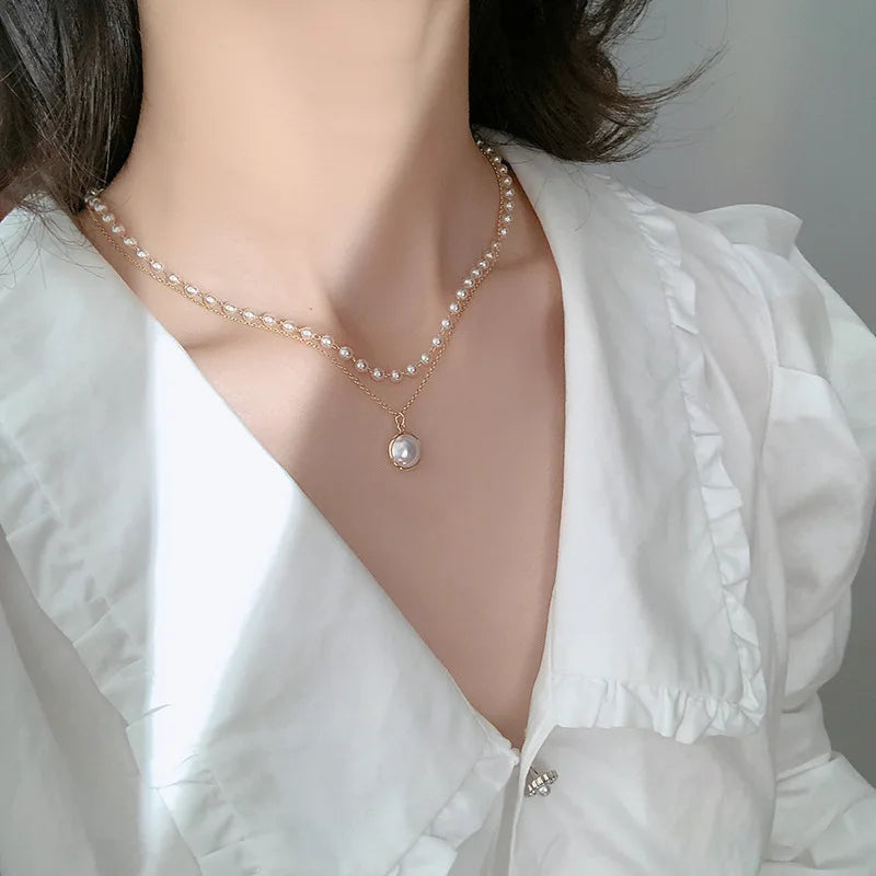 Double-layers Imitation Pearl Necklaces for Women Round Pearl Pendants Necklace Korean Fashion Charm Neck Accessories Collares