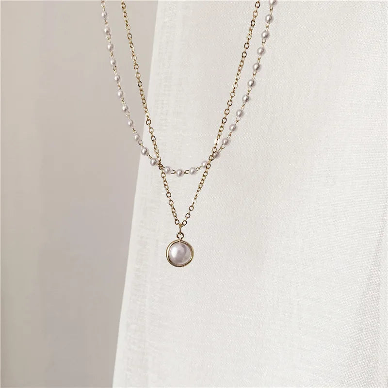 Double-layers Imitation Pearl Necklaces for Women Round Pearl Pendants Necklace Korean Fashion Charm Neck Accessories Collares