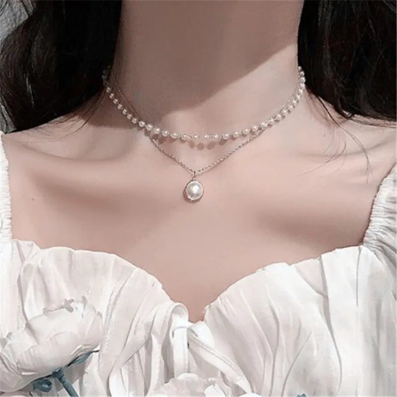 Double-layers Imitation Pearl Necklaces for Women Round Pearl Pendants Necklace Korean Fashion Charm Neck Accessories Collares