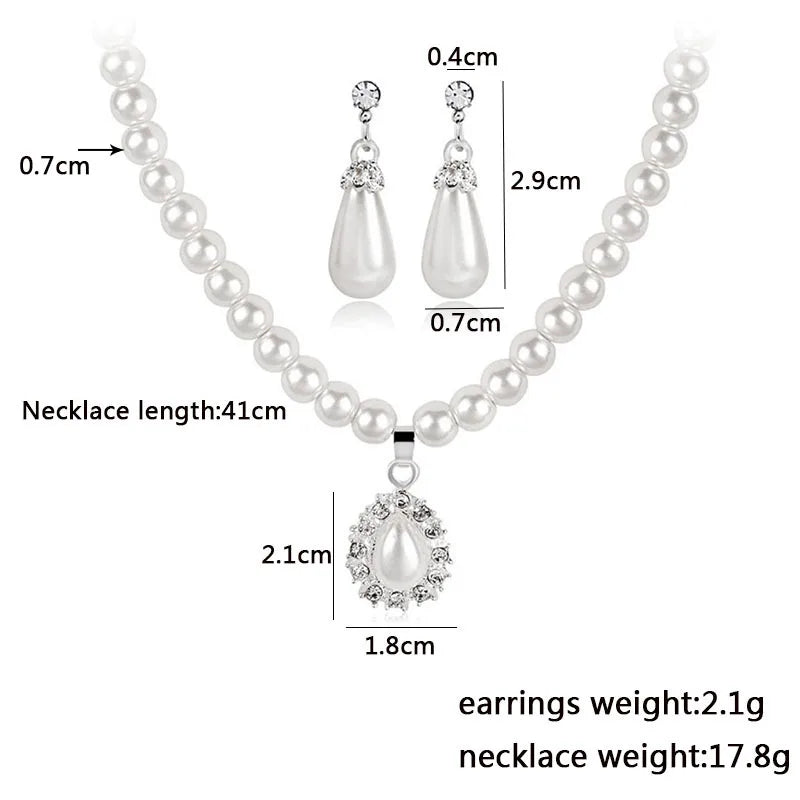 Pearl Jewelry Set for Women Water Drop Dangle Earrings Crystal Pendants Imitation Pearl Beads Necklaces femme brincos e colares
