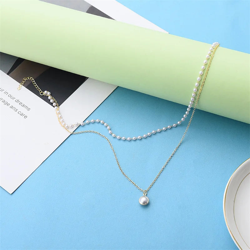 Double-layers Imitation Pearl Necklaces for Women Round Pearl Pendants Necklace Korean Fashion Charm Neck Accessories Collares