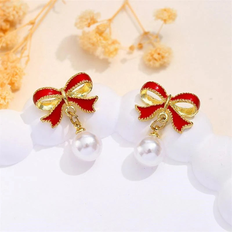 Red Black Enamel Bowknot Women's Dangle Earrings Small Pearl Pendants Korean Sweet Lovey Drop Earrings pendientes de mujer