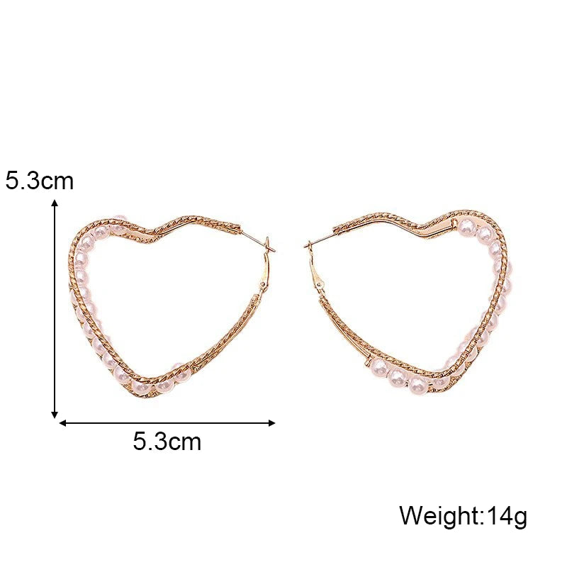 Exaggerated Two-layers Metal Heart Hoop Earrings Oversize Simulated Pearl LOVE Hearts Loop Earrings Big Bohemian Ear Decoration