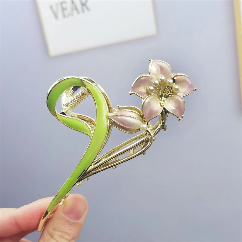 Green Enamel Plant Women's Barrettes Big Elegant Gold Color Wheat Luxury Flower Hair Pins for Girls Hair Accessories 2023