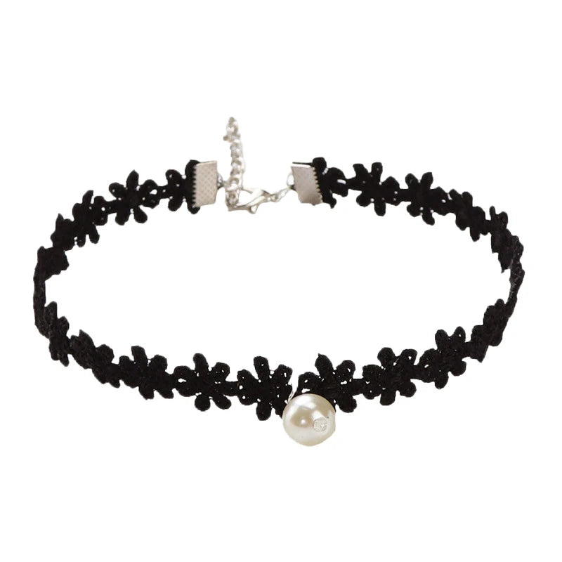 New Gothic Black Lace Women's Choker Pearl Pendants Simple Design Elegant Sexy Short Chain Necklaces for Girls Cool Neck Jewelry