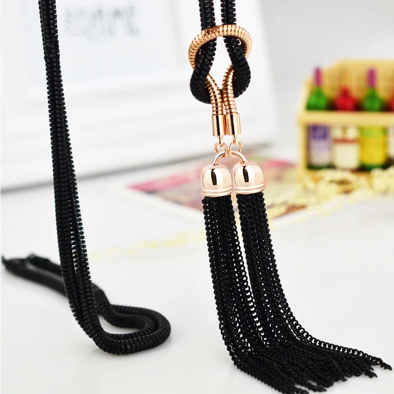 New Black Tassel Pendants Women's Necklace Long Exaggerated Sweater Chain Multi Links Hollow Chain Neck Jewelry for Female