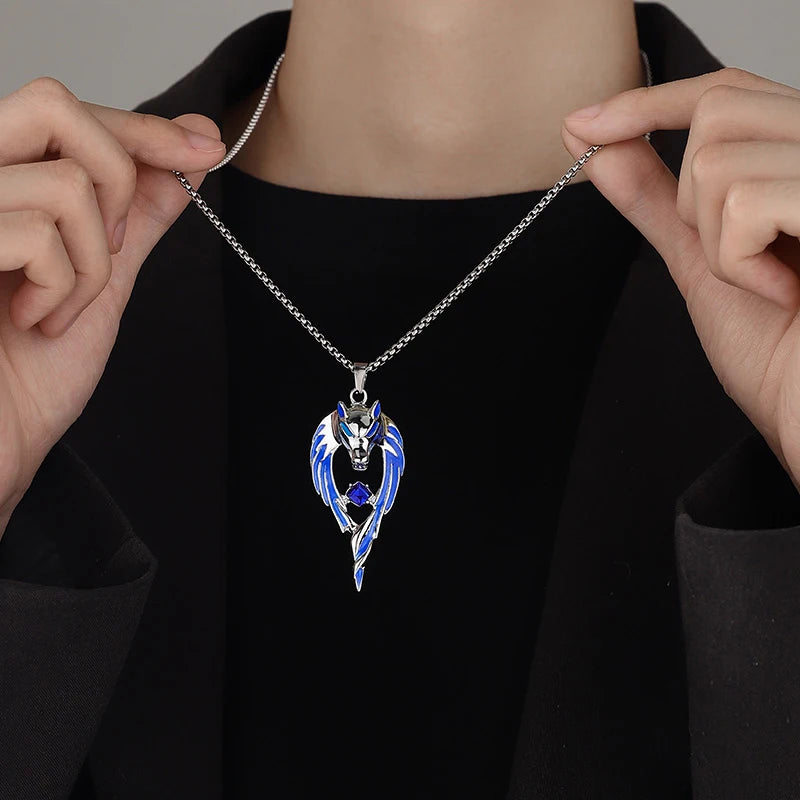 Blue Wolf Pendants Exaggerated Chain Neckalces for Women&Men Unisex Punk Style Personality Animal Drop Unique Design Neck Jewelr