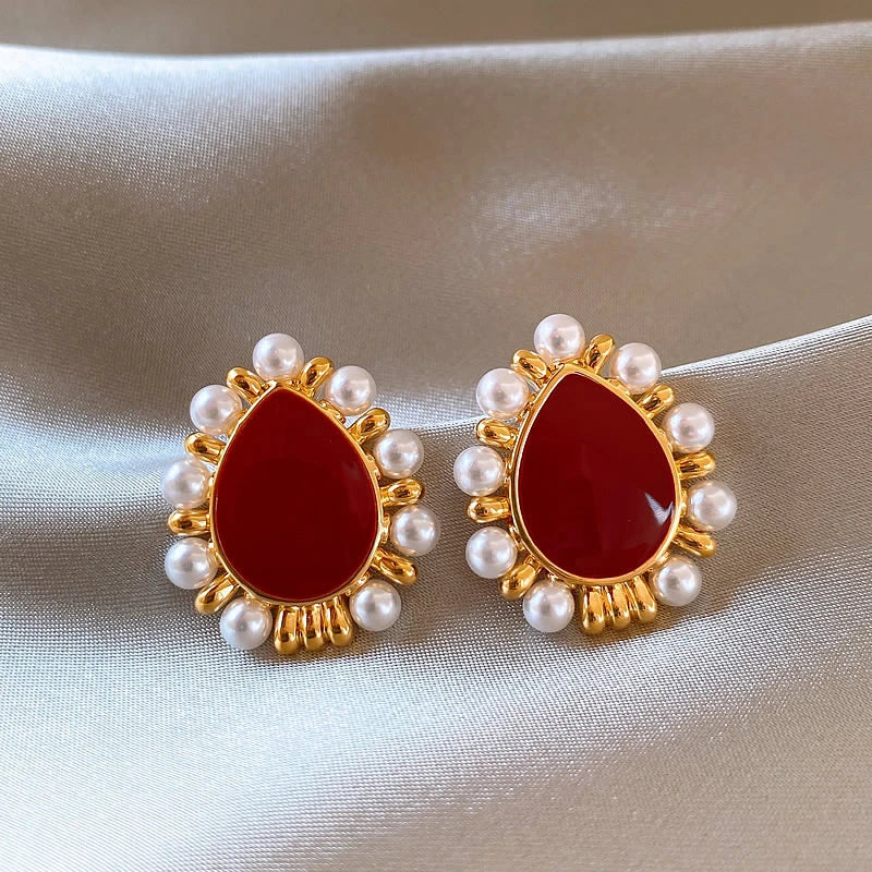 2025 New Trendy Wine Red Water Drop Stud Earrings for Women Imitation Pearl Beads Side Korean Sweet Ear Accessories brincos