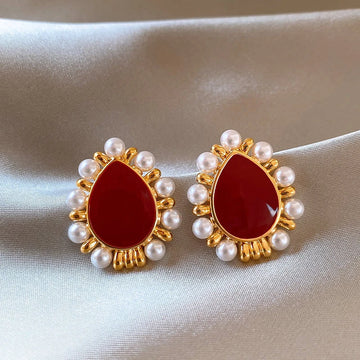 2025 New Trendy Wine Red Water Drop Stud Earrings for Women Imitation Pearl Beads Side Korean Sweet Ear Accessories brincos