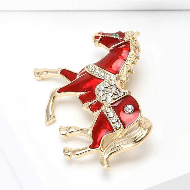Red White Enamel Women's Brooches Rhinestone Horse Shape Cute Animal Design Metal Pins Clothing Accessories Runing Horse Brooch