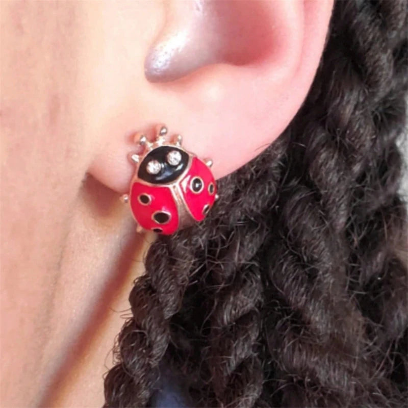 Red Enamel Insect Women's Stud Earrings Rhinestone Mini Funny Animal Earrings for Girls Lovely Personality Tiny Ear Accessories