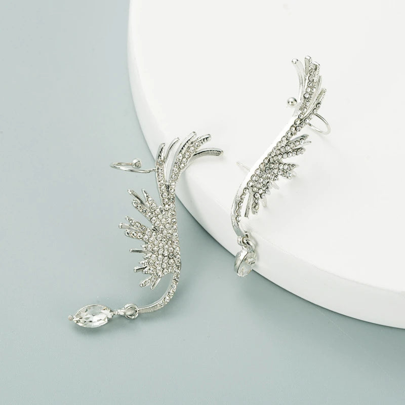 New Crystal Angel Wings Women's Clip Earrings Need Pierced Water Drop Pendants Luxury Wedding Ear Jewelry Cool Ear Cuff
