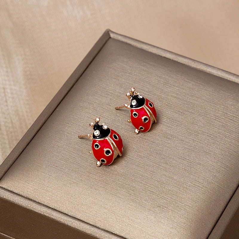 Red Enamel Insect Women's Stud Earrings Rhinestone Mini Funny Animal Earrings for Girls Lovely Personality Tiny Ear Accessories