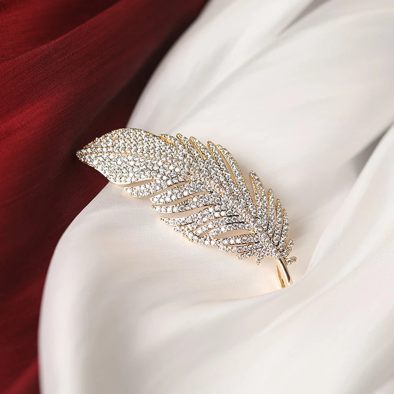 New Fashion Long Feather Brooches for Women Full Rhinestone Luxury Wedding Jewelry Brooch Gold Color Silver Color Metal Brooches
