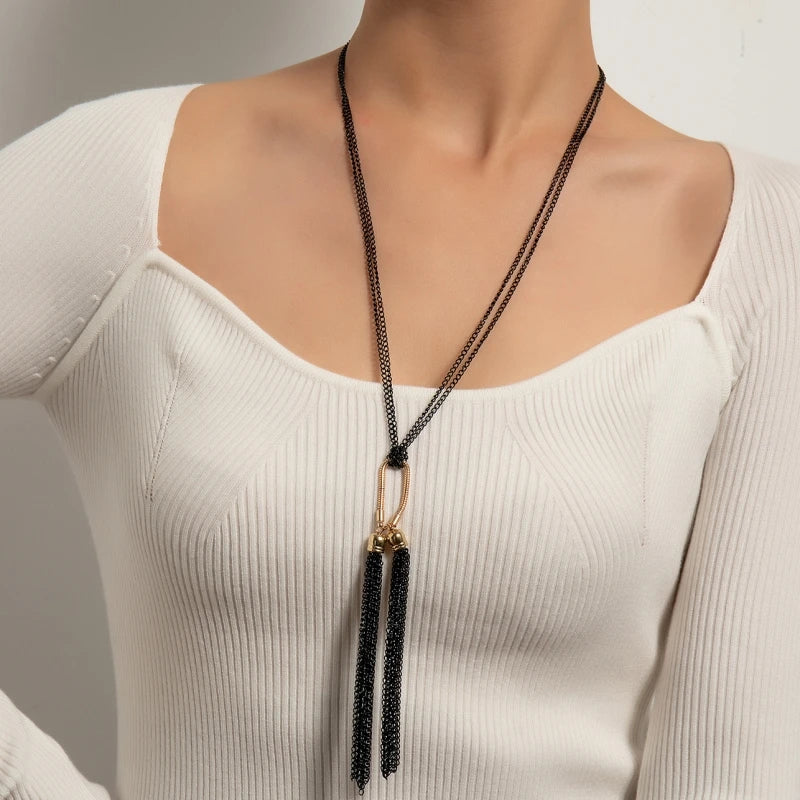 New Black Tassel Pendants Women's Necklace Long Exaggerated Sweater Chain Multi Links Hollow Chain Neck Jewelry for Female