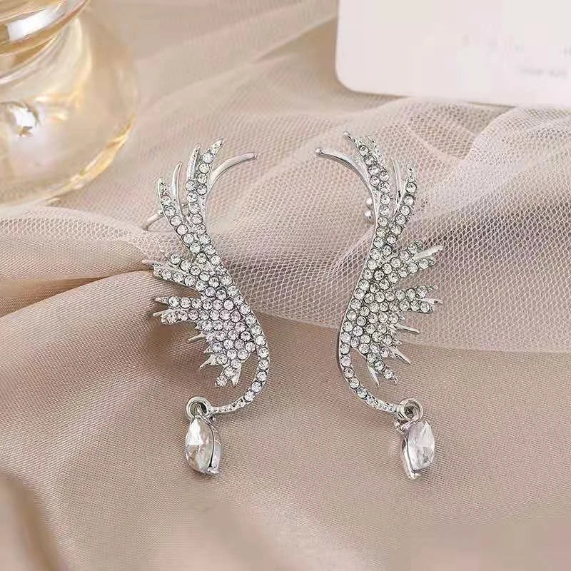 New Crystal Angel Wings Women's Clip Earrings Need Pierced Water Drop Pendants Luxury Wedding Ear Jewelry Cool Ear Cuff