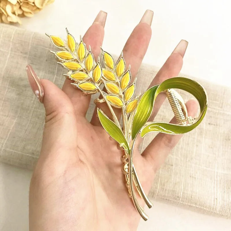 Green Enamel Plant Women's Barrettes Big Elegant Gold Color Wheat Luxury Flower Hair Pins for Girls Hair Accessories 2023