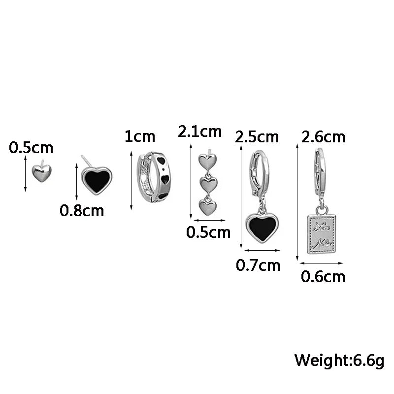 6 pcs/sets Women's Earrings Set Punk Hiphop Style Black Heart Dangle Earrings Silver Color Buckle Cool Stuff New Year Gifts