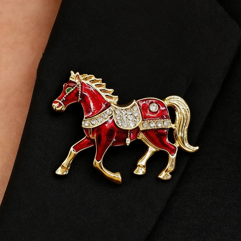 Red White Enamel Women's Brooches Rhinestone Horse Shape Cute Animal Design Metal Pins Clothing Accessories Runing Horse Brooch