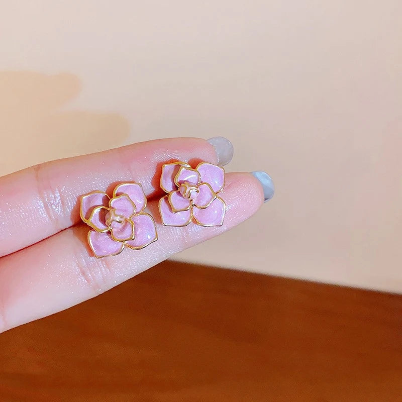 Purple Enamel Flower Stud Earrings for Women Rose Flower Korean Sweet Bohemian Florals Small Earrings 2025 New Year Jewelry
