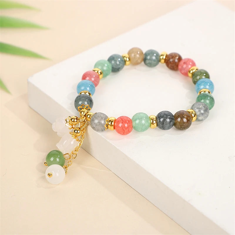 Multicolored Acrylic Beads Women's Bracelets Bohemian Fashion Elastic Adjustable Blue Pink Round Beads Sweet Girls Wrist Jewelry