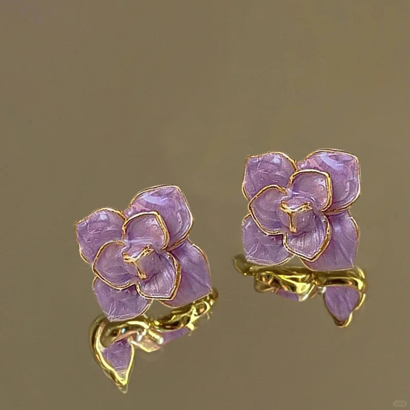 Purple Enamel Flower Stud Earrings for Women Rose Flower Korean Sweet Bohemian Florals Small Earrings 2025 New Year Jewelry