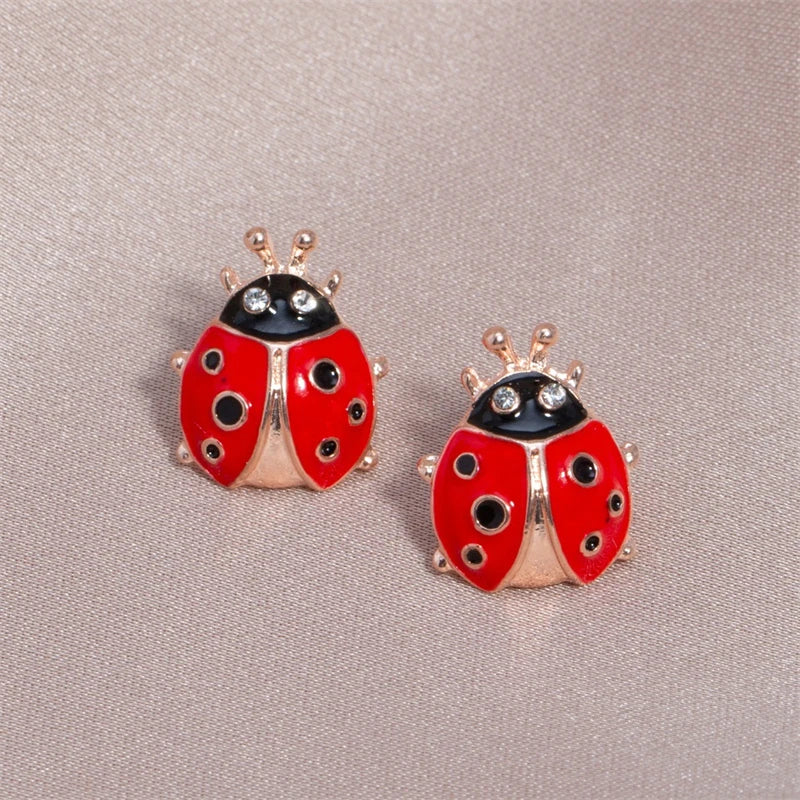 Red Enamel Insect Women's Stud Earrings Rhinestone Mini Funny Animal Earrings for Girls Lovely Personality Tiny Ear Accessories