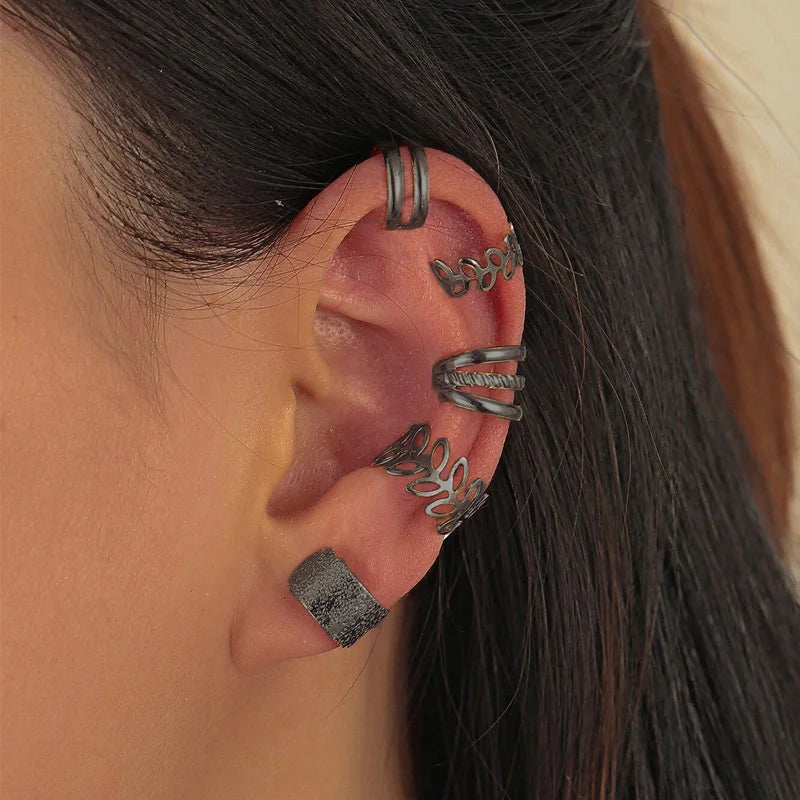 Women Ear Cuff Set Punk Style Personality Clip Earrings Gold Color Non-Piercing Ear Clips Fake Cartilage Earrings