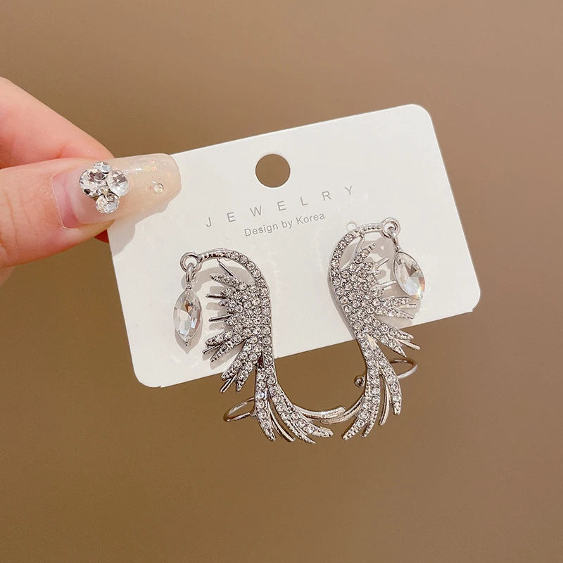 New Crystal Angel Wings Women's Clip Earrings Need Pierced Water Drop Pendants Luxury Wedding Ear Jewelry Cool Ear Cuff