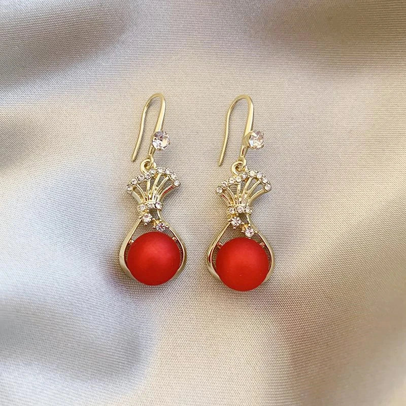 New Trend Lucky Bag Hanging Earrings for Women Red Ball Pendants Female Dangle Earrings Elegant Wedding Jewelry Hook Earrings