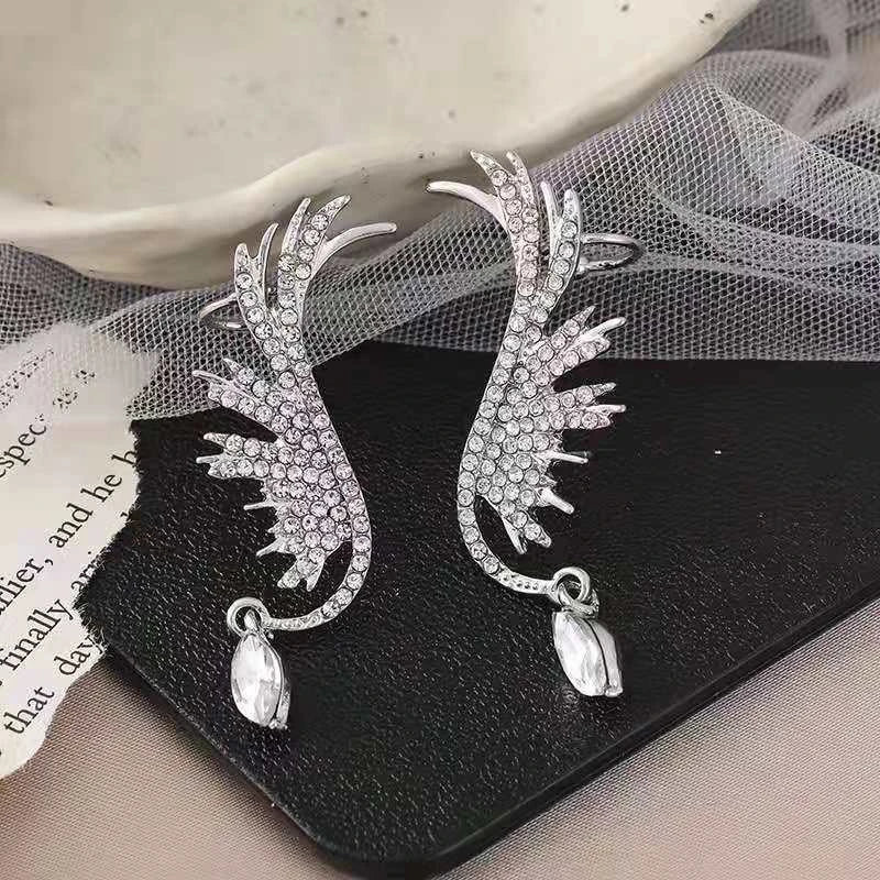 New Crystal Angel Wings Women's Clip Earrings Need Pierced Water Drop Pendants Luxury Wedding Ear Jewelry Cool Ear Cuff