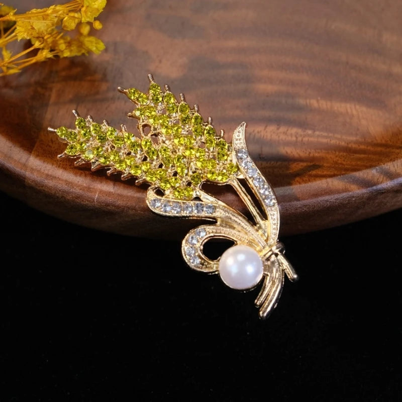 Gold Color Wheat Head Brooch for Women Imitaiton Pearl Crystal Women's Luxury Brooches Autumn Fashion Metal Pins for Clothing