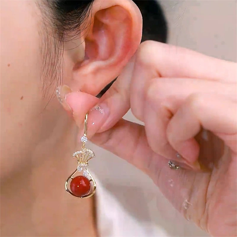 New Trend Lucky Bag Hanging Earrings for Women Red Ball Pendants Female Dangle Earrings Elegant Wedding Jewelry Hook Earrings