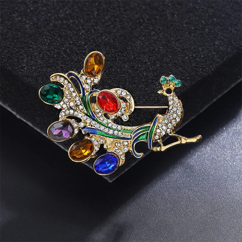 Colorful Crystal Peacock Women's Brooches Full Rhinestone Luxury Clothing Brooch Blue Red Waterdrop Metal Pins for Female