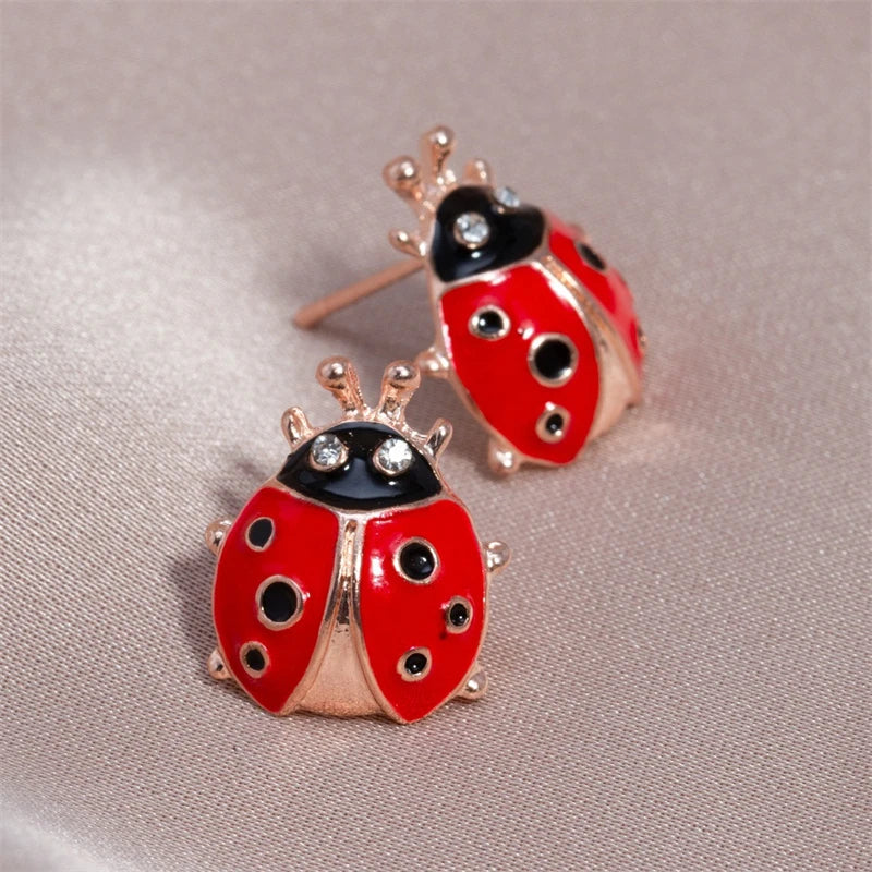 Red Enamel Insect Women's Stud Earrings Rhinestone Mini Funny Animal Earrings for Girls Lovely Personality Tiny Ear Accessories