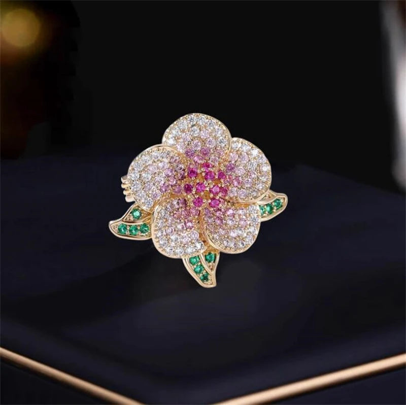 Luxury Colorful Crystal Peony Brooches for Women Pink Green Rhinestone Women's Brooch Gold Color Metal Pins Fashion Jewelry