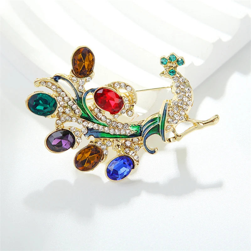 Colorful Crystal Peacock Women's Brooches Full Rhinestone Luxury Clothing Brooch Blue Red Waterdrop Metal Pins for Female