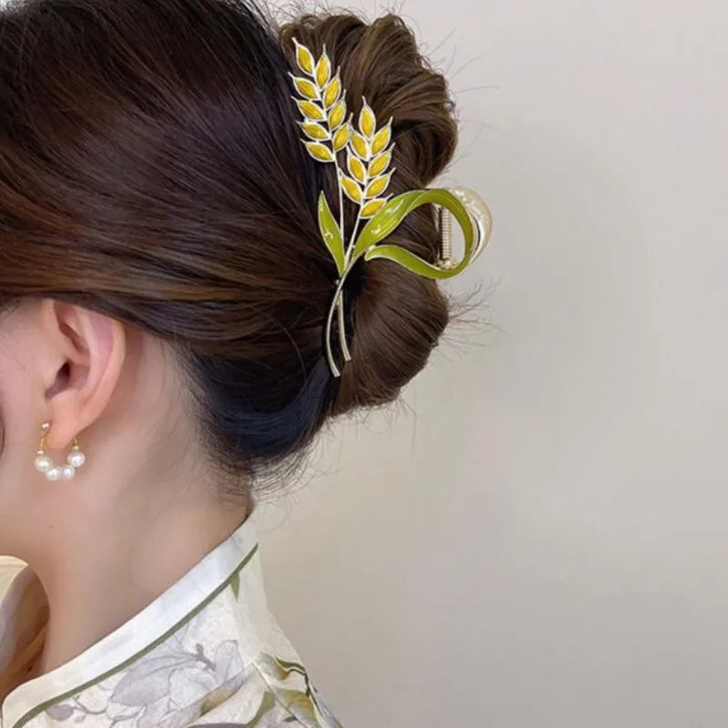 Green Enamel Plant Women's Barrettes Big Elegant Gold Color Wheat Luxury Flower Hair Pins for Girls Hair Accessories 2023