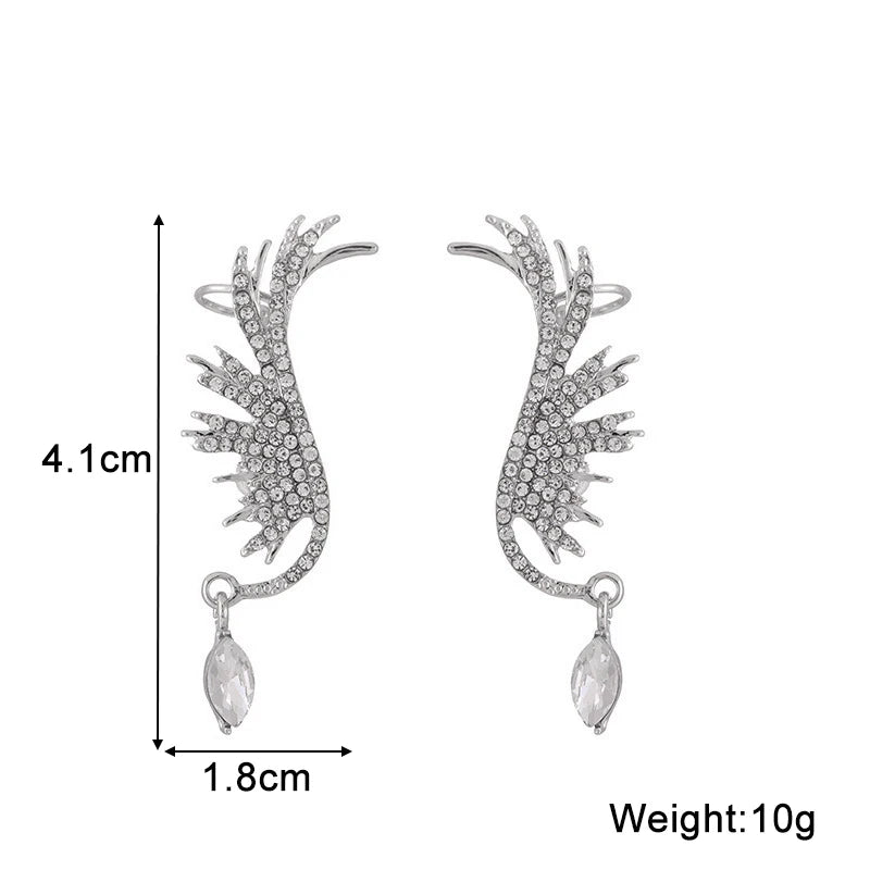 New Crystal Angel Wings Women's Clip Earrings Need Pierced Water Drop Pendants Luxury Wedding Ear Jewelry Cool Ear Cuff