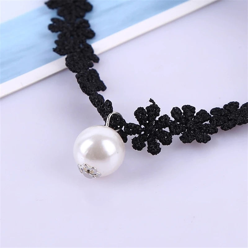 New Gothic Black Lace Women's Choker Pearl Pendants Simple Design Elegant Sexy Short Chain Necklaces for Girls Cool Neck Jewelry