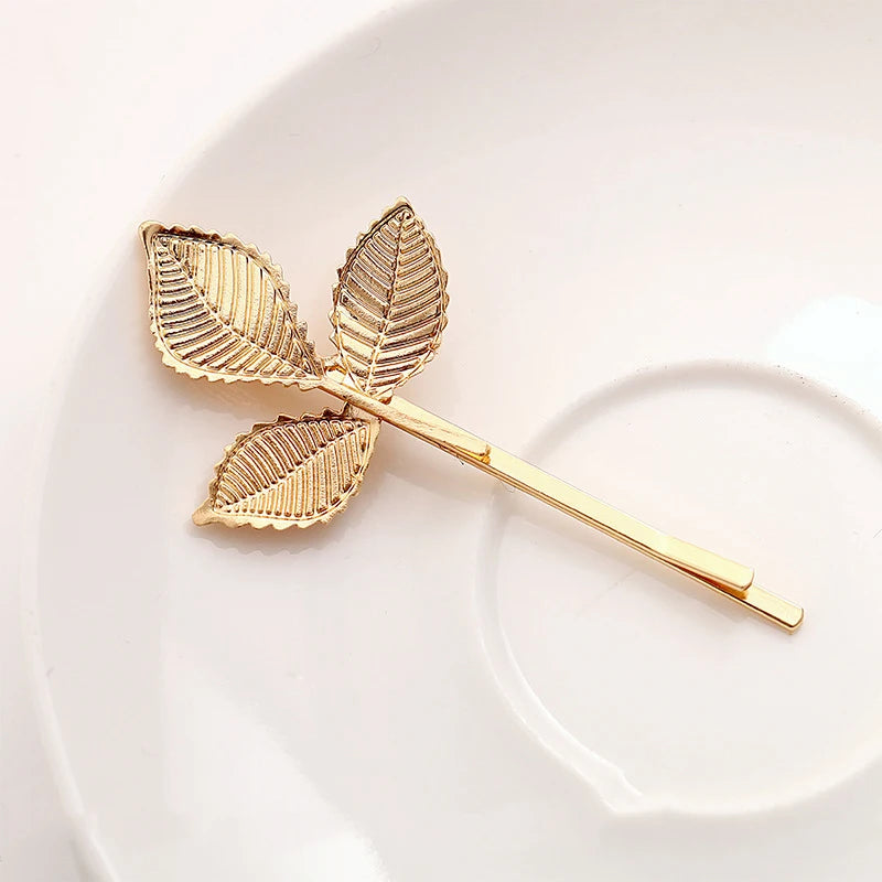 Korean Fashion Leaf Hairpins for Women Three Leaves Gold Color Metal Pins Head Barrettes Elegant Hair Accessories