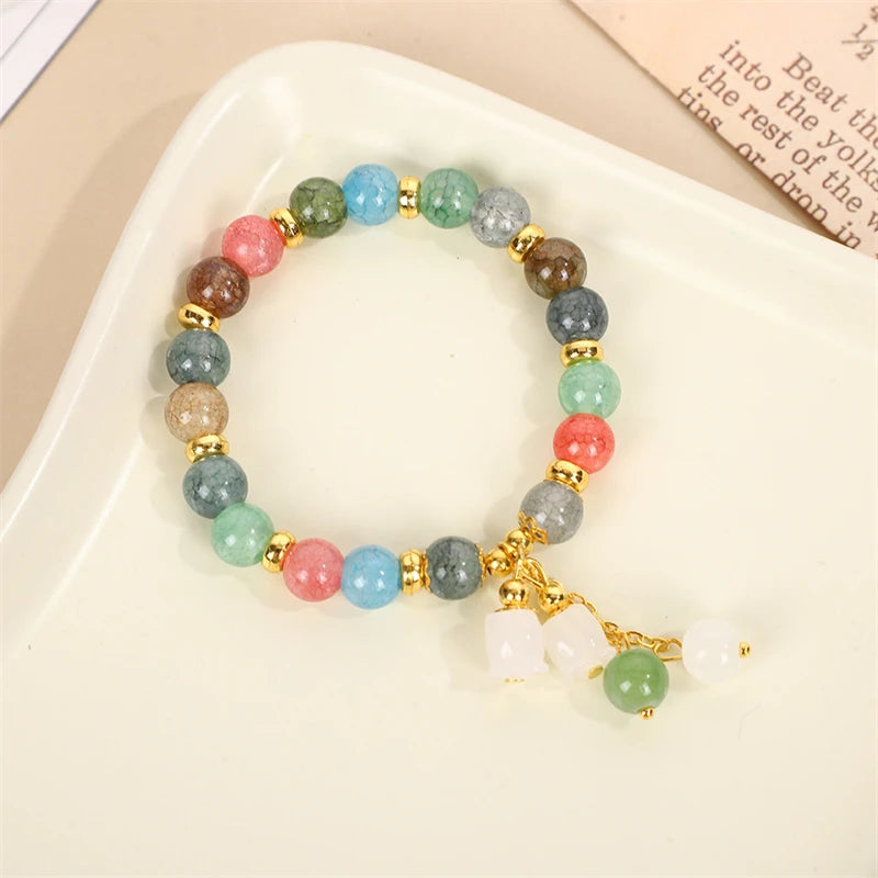 Multicolored Acrylic Beads Women's Bracelets Bohemian Fashion Elastic Adjustable Blue Pink Round Beads Sweet Girls Wrist Jewelry